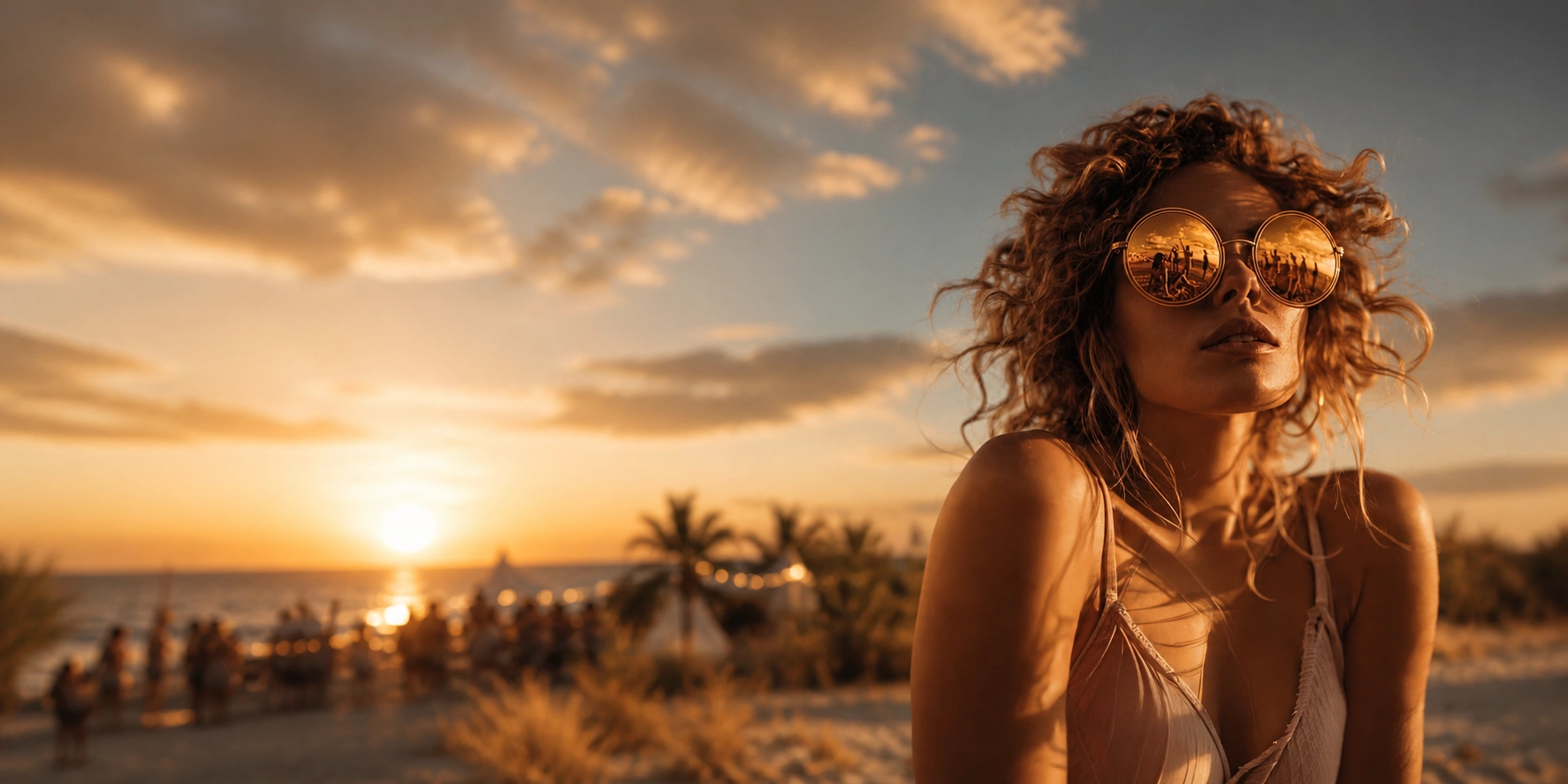 Woman wearing reflective sunglasses at a warm sunset